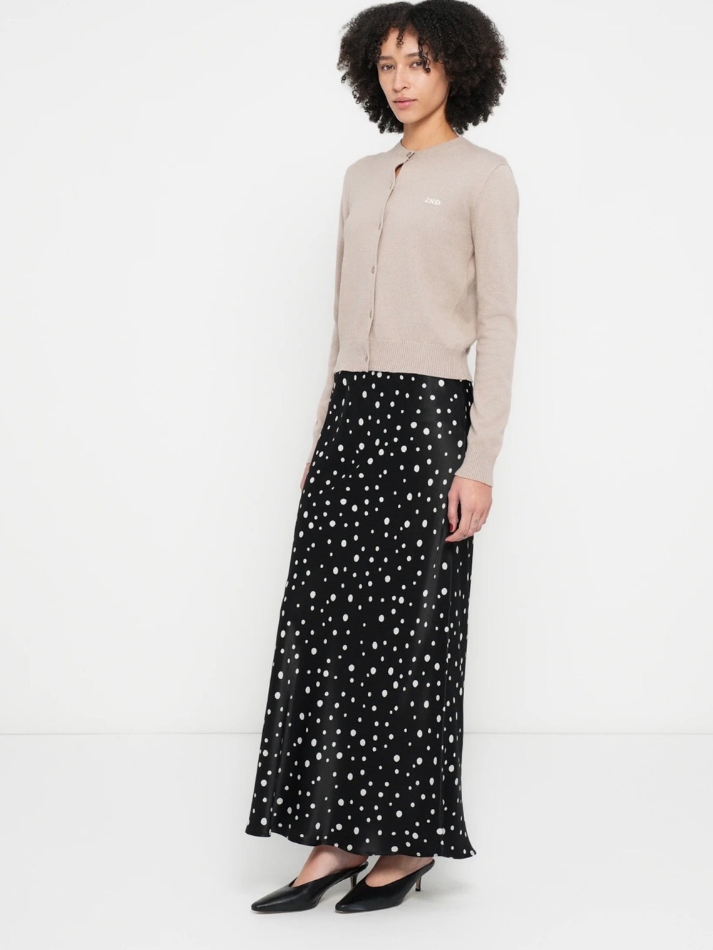 DAY Polka Dot Satin Maxi Skirt - Black with White Dots US 10